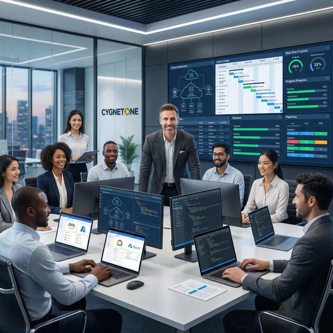 Enterprise technology team executing a structured cloud migration project using modern tools