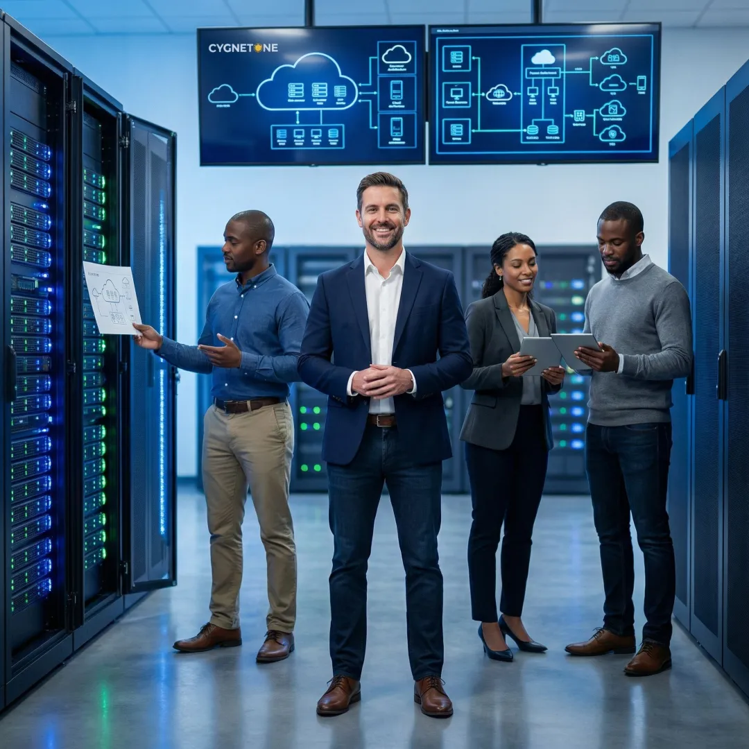 Enterprise cloud migration consultant reviewing server architecture transition plan on a digital dashboard