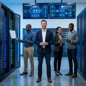 Enterprise cloud migration consultant reviewing server architecture transition plan on a digital dashboard