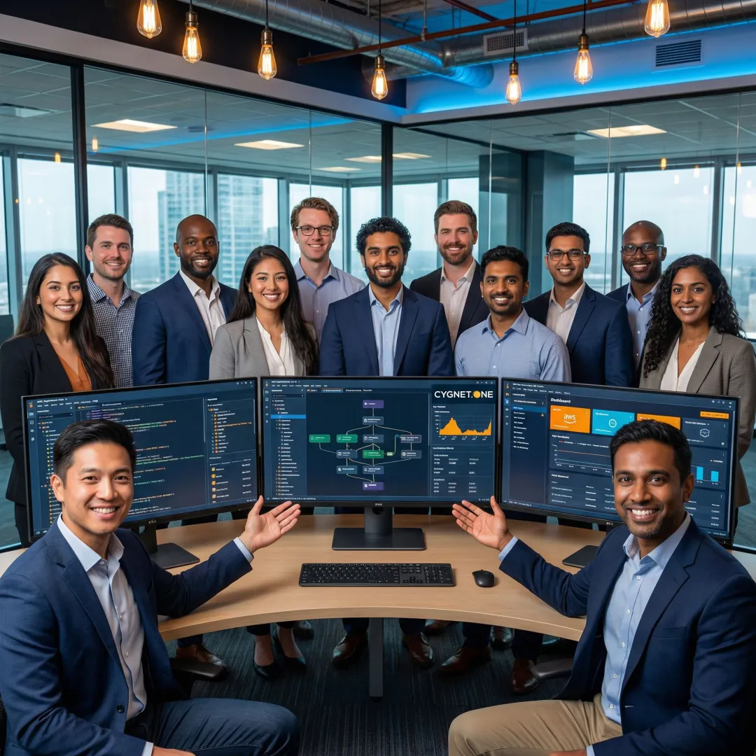 Data scientists and cloud architects collaborating on AWS machine learning pipeline design in a modern tech workspace