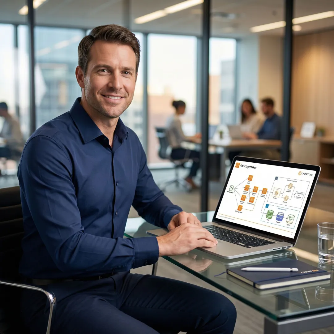 AWS machine learning consultant reviewing model deployment architecture on a laptop with cloud infrastructure diagrams