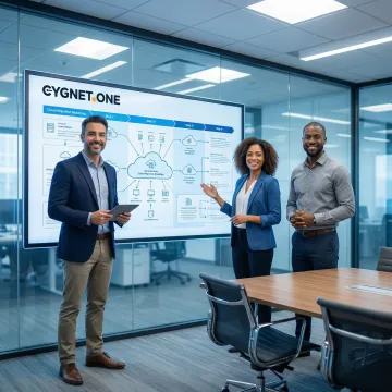 Cloud modernization consulting process steps displayed on a digital whiteboard in an enterprise IT planning session