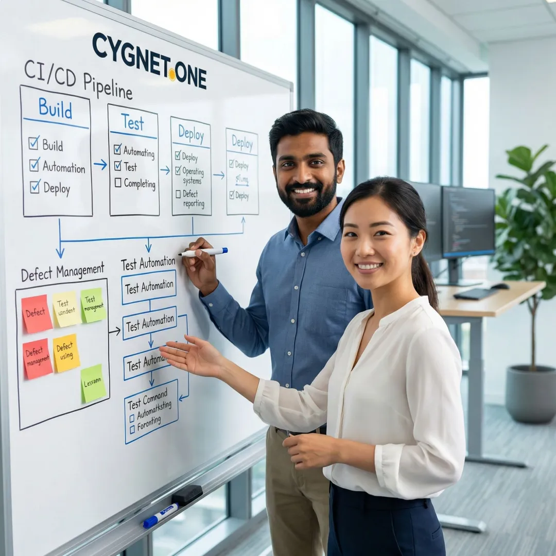 Software testing workflow diagram on a whiteboard with engineers planning CI/CD pipeline quality gates