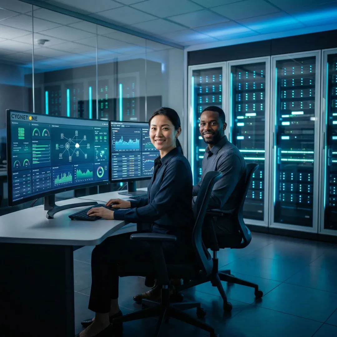 Enterprise team monitoring managed public cloud infrastructure on large digital dashboards