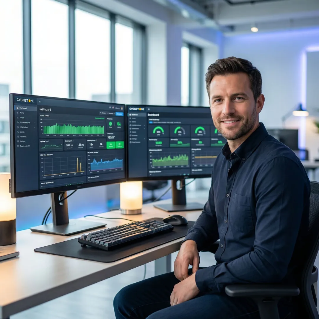 Cloud engineer reviewing infrastructure performance metrics on a modern workstation