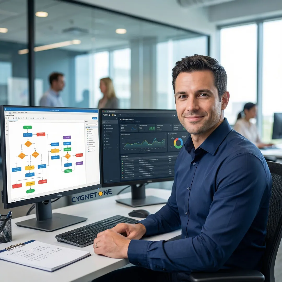 RPA consultant reviewing automated workflow diagrams on a digital screen in a modern enterprise office