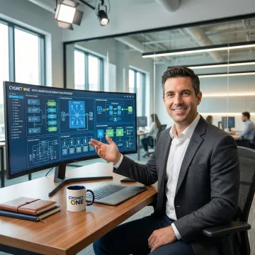 Data warehouse migration consultant reviewing cloud architecture diagrams on a large monitor