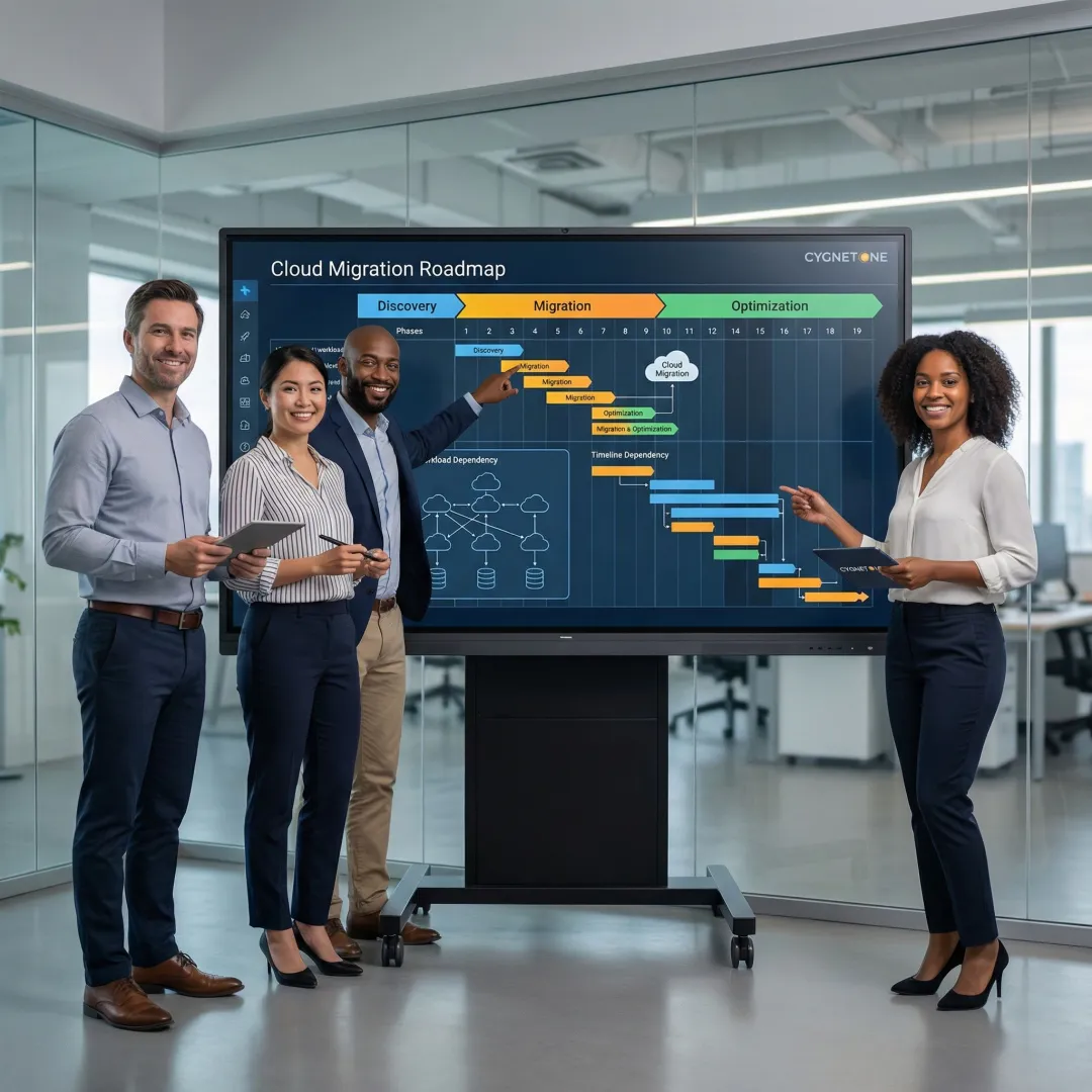 Enterprise IT team collaborating on a cloud migration roadmap displayed on a large digital whiteboard