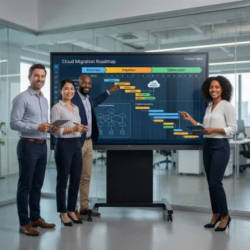 Enterprise IT team collaborating on a cloud migration roadmap displayed on a large digital whiteboard