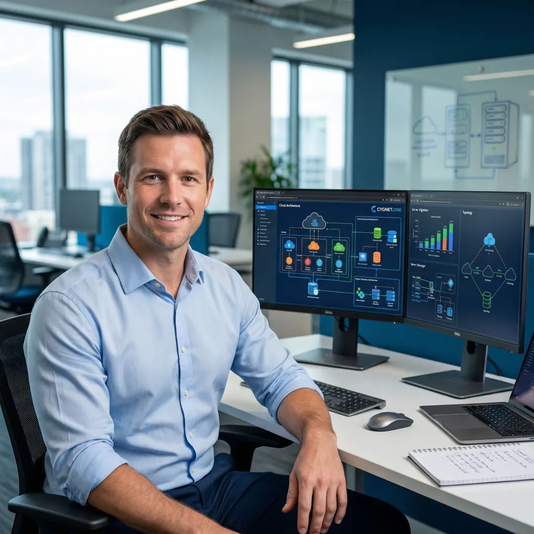 Cloud migration consultant reviewing architecture diagrams on dual monitors in a modern enterprise office