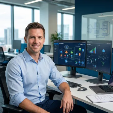 Cloud migration consultant reviewing architecture diagrams on dual monitors in a modern enterprise office