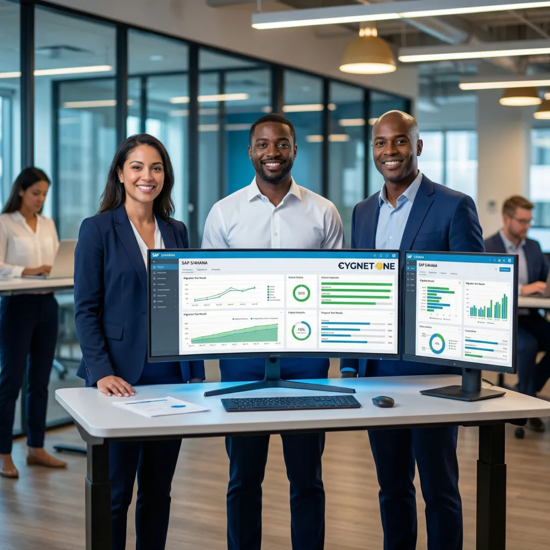 SAP upgrade and migration testing specialists reviewing system validation dashboards