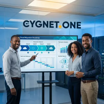 Cloud migration team reviewing a multi-phase project roadmap on a digital display