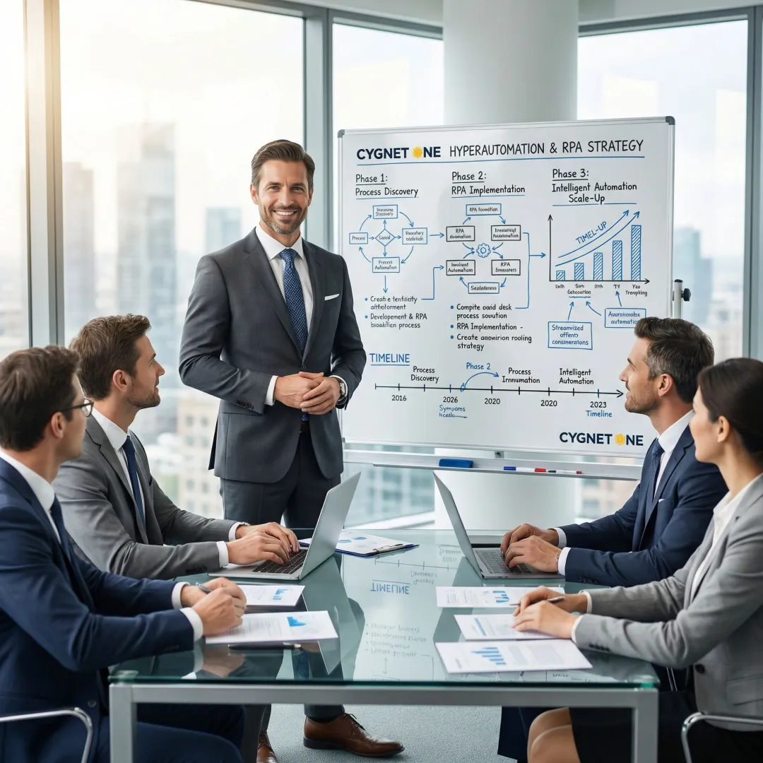 RPA consultant presenting a hyperautomation strategy roadmap to enterprise stakeholders