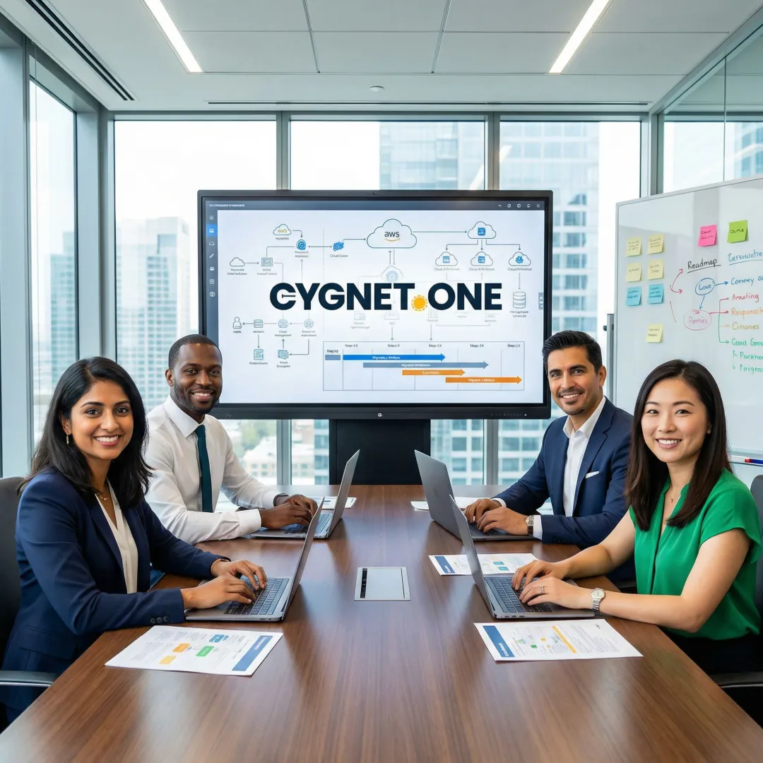 IT infrastructure consultant and enterprise team reviewing a cloud migration roadmap on a whiteboard
