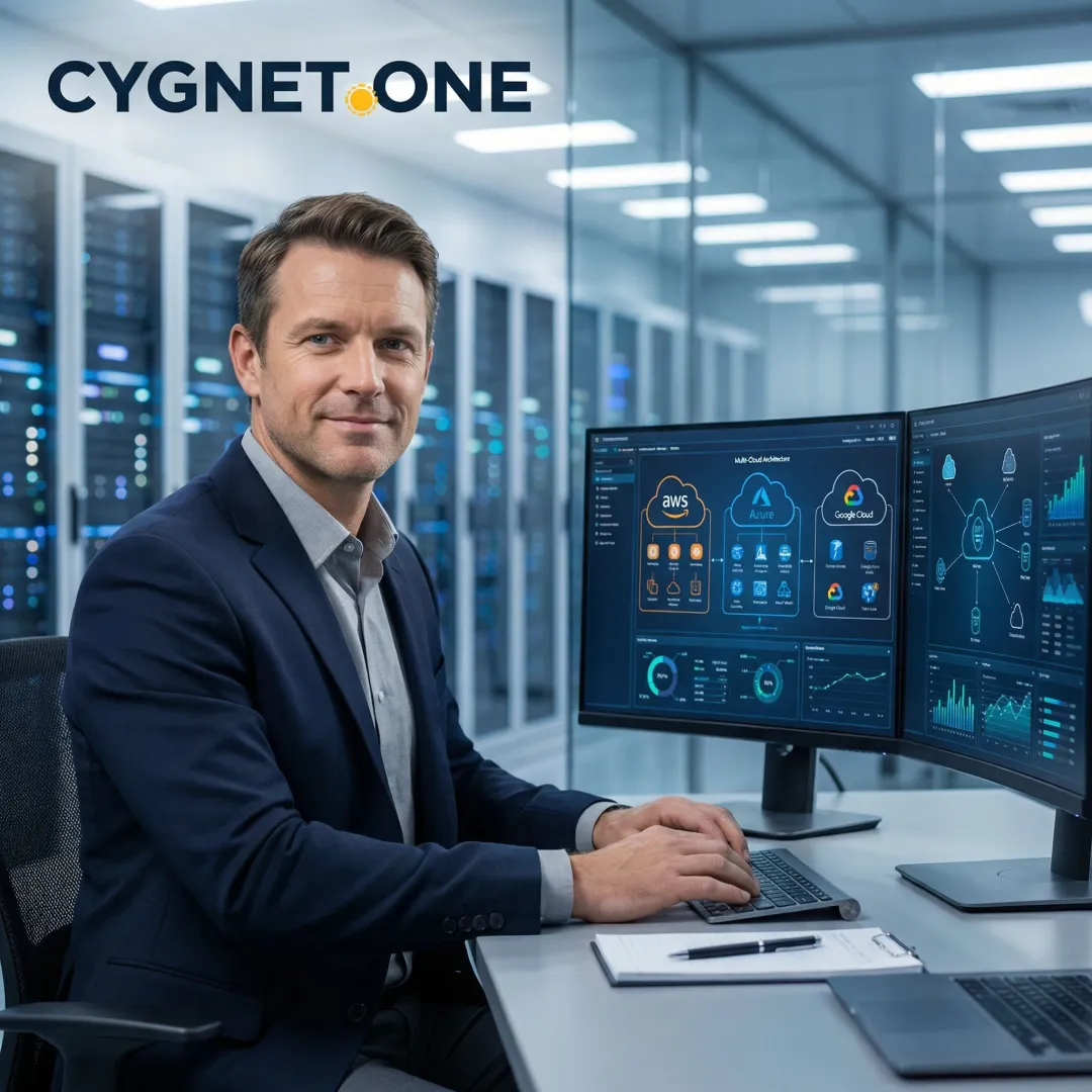 IT infrastructure consultant reviewing server architecture and cloud deployment diagrams in a modern enterprise environment