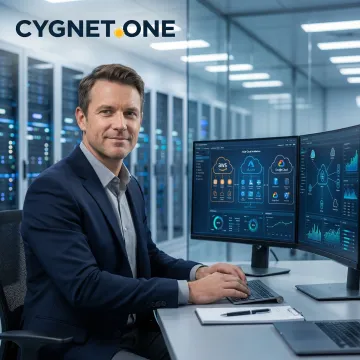 IT infrastructure consultant reviewing server architecture and cloud deployment diagrams in a modern enterprise environment