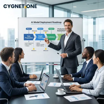 Consultant presenting a predictive analytics model deployment roadmap on a whiteboard to an enterprise team