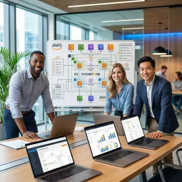 Cloud engineers working through an AWS Well-Architected review process on a whiteboard