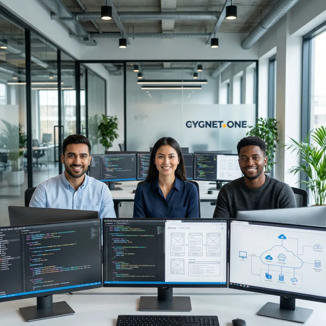 Engineers collaborating on a digital product engineering project with code on screens