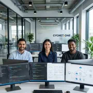 Engineers collaborating on a digital product engineering project with code on screens