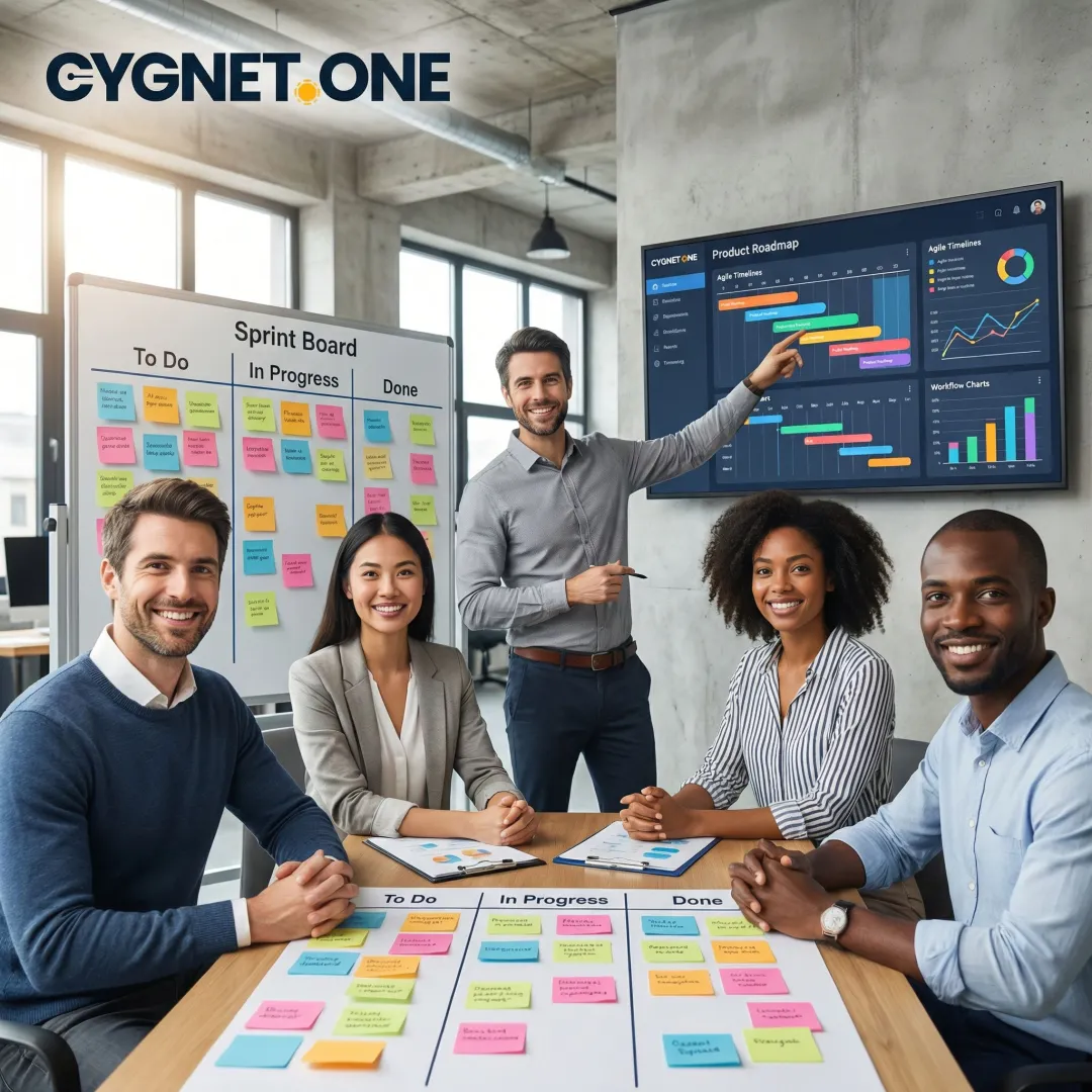 Software development team reviewing agile sprint board and product roadmap