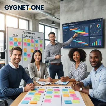 Software development team reviewing agile sprint board and product roadmap