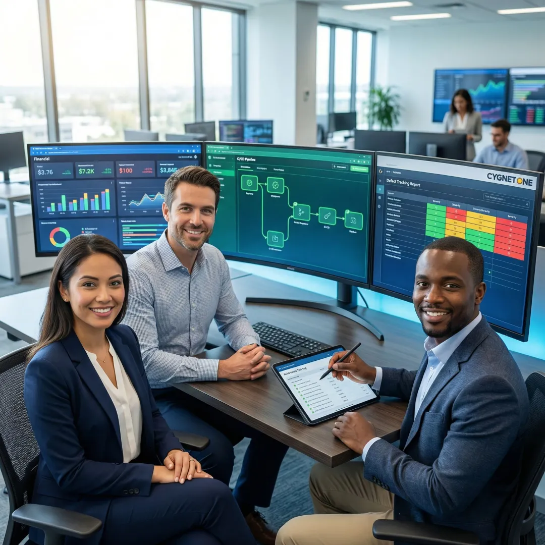 QA engineers reviewing financial software test results on multiple monitors in a professional setting