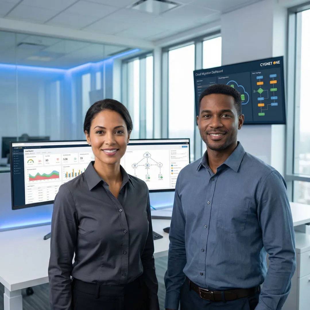 Enterprise team reviewing application modernization dashboard with cloud architecture diagrams