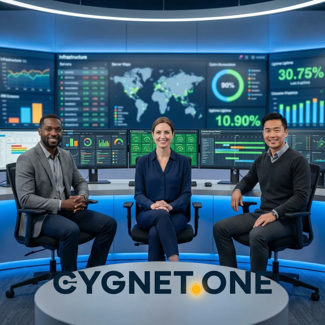 IT engineers monitoring enterprise infrastructure dashboards for managed IT support and disaster recovery