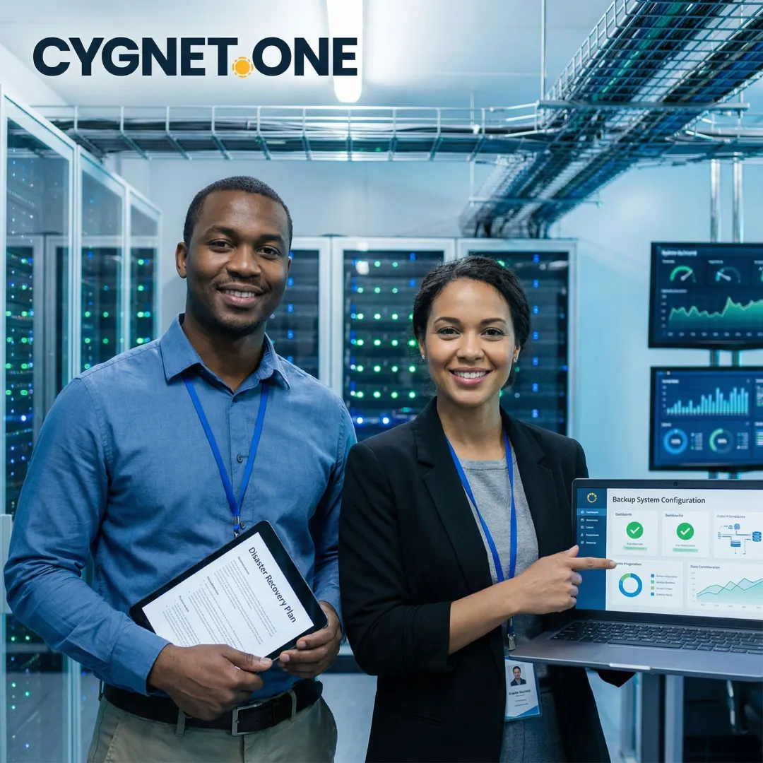 Enterprise IT team reviewing disaster recovery plan and backup systems in a secure data center