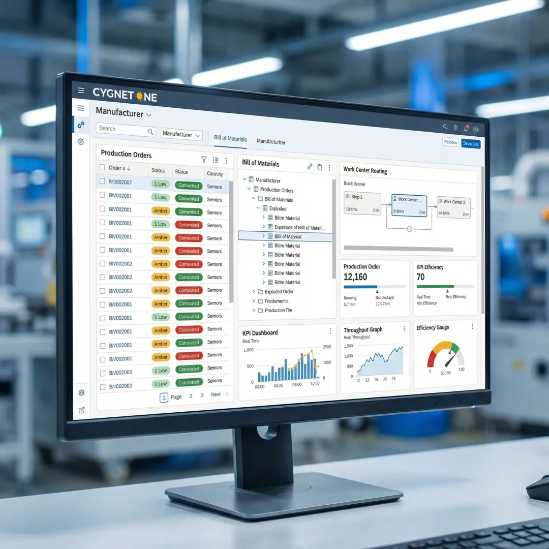 SAP S/4HANA manufacturing operations screen showing production orders, routings, and work center scheduling in an enterprise environment