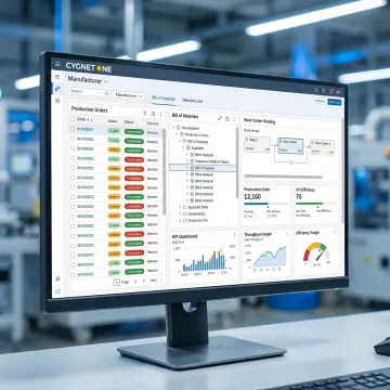 SAP S/4HANA manufacturing operations screen showing production orders, routings, and work center scheduling in an enterprise environment