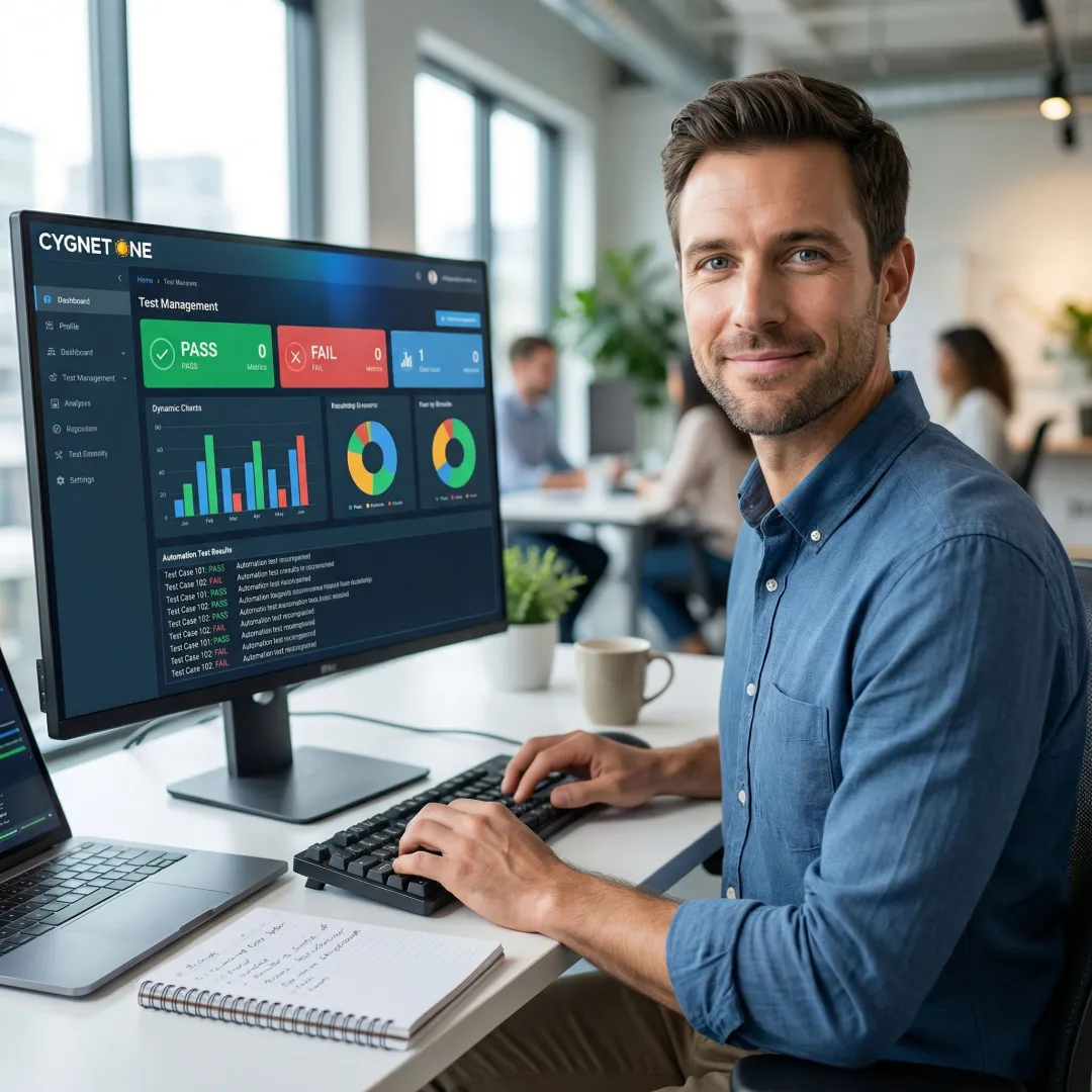 QA engineer reviewing TestingWhiz automation testing software on a desktop screen
