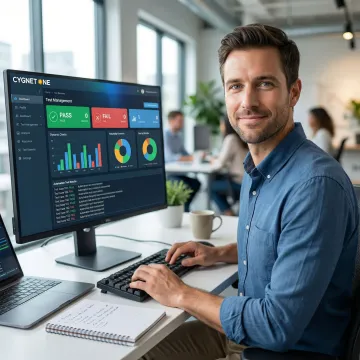 QA engineer reviewing TestingWhiz automation testing software on a desktop screen