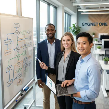 Enterprise automation implementation process with engineers reviewing AI workflow diagrams