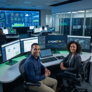 Managed IT infrastructure operations center with engineers monitoring enterprise cloud and server systems