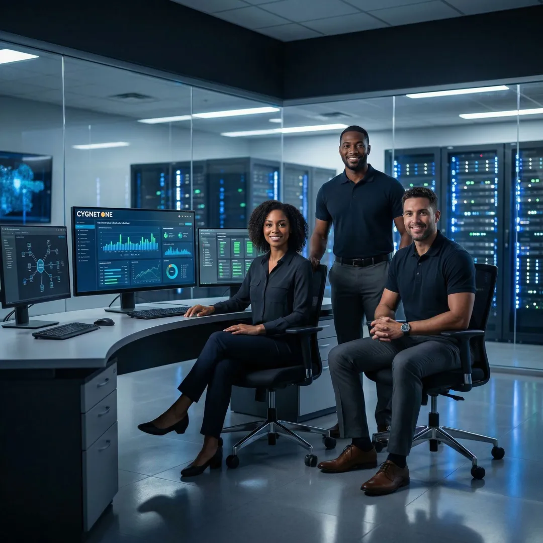 Enterprise IT infrastructure managed services team monitoring server systems in a modern data center