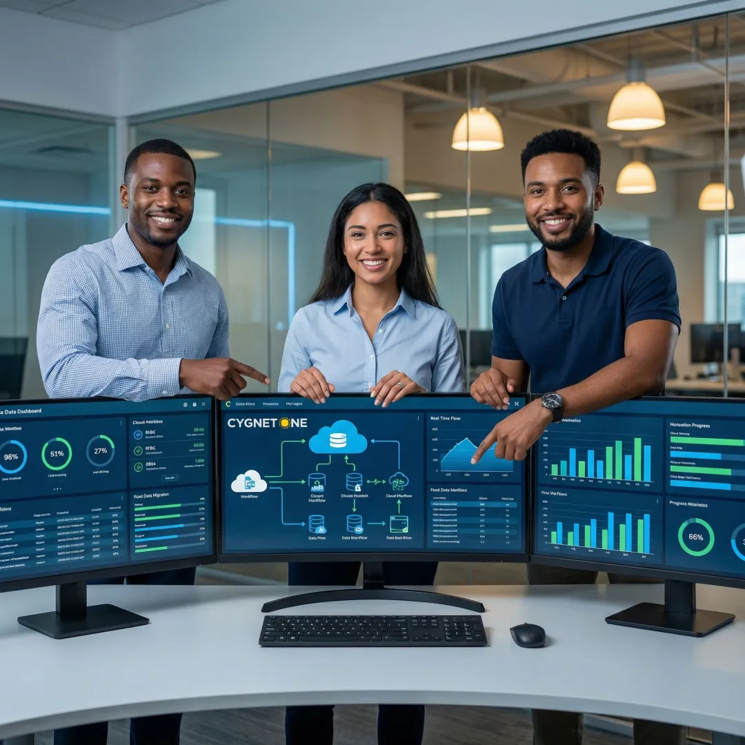 Data engineers executing a cloud data warehouse migration process using laptops and multi-screen dashboards