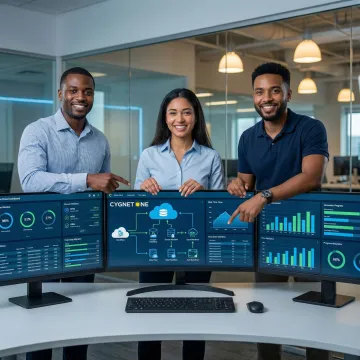 Data engineers executing a cloud data warehouse migration process using laptops and multi-screen dashboards