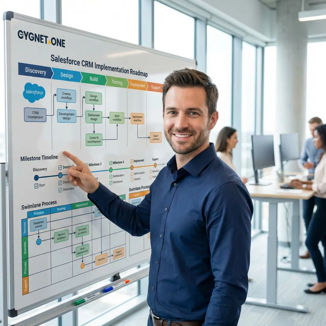 Salesforce Service Cloud implementation process steps shown on a project timeline board