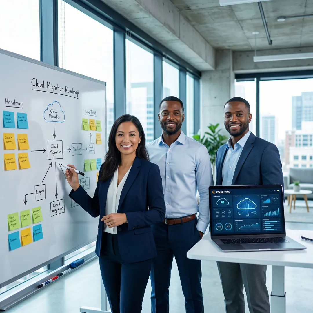Cloud consultants mapping a phased cloud migration roadmap on a whiteboard