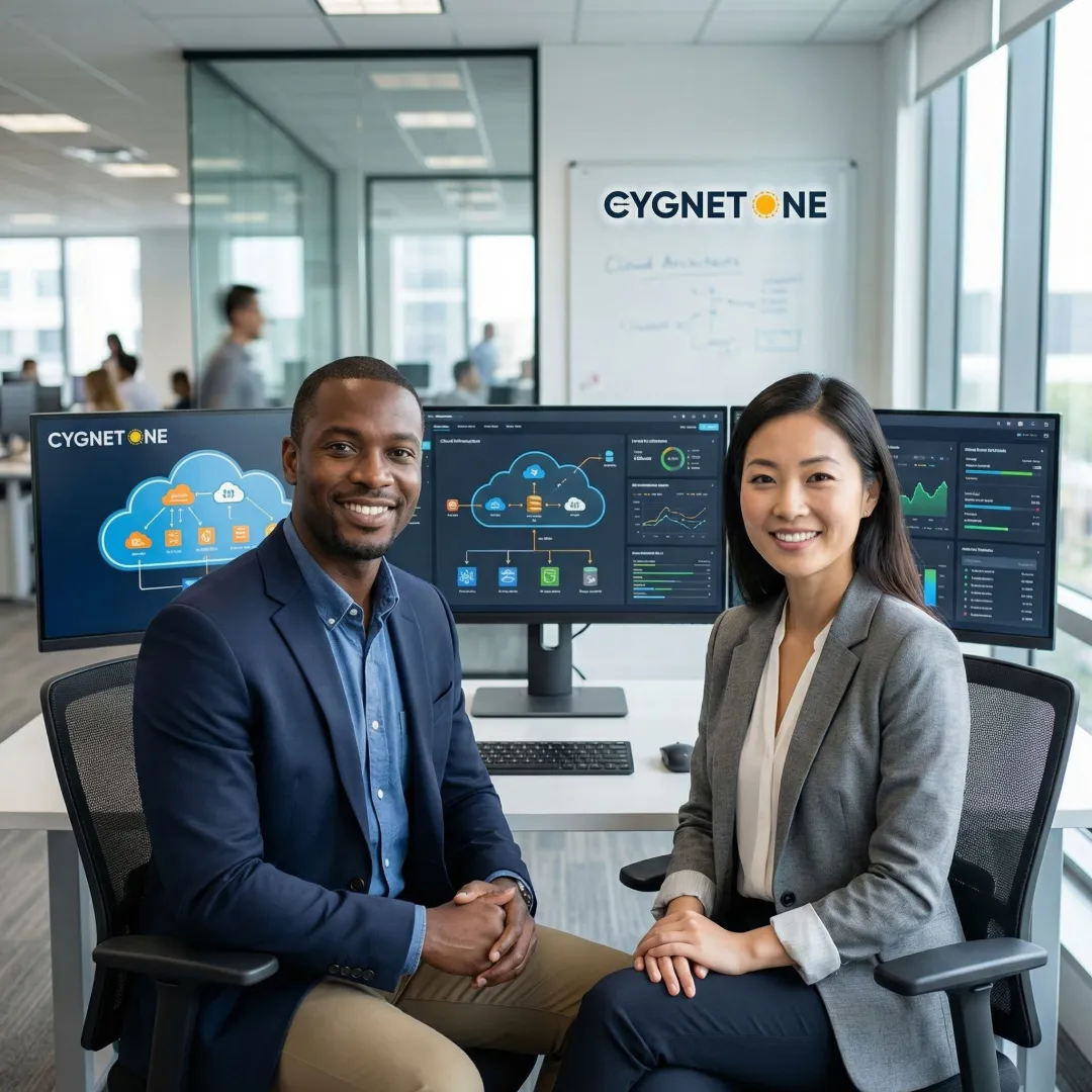 Enterprise cloud architects reviewing cloud assessment strategy on digital dashboards