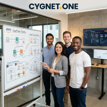 AWS SageMaker consulting team collaborating on ML pipeline architecture diagram in a tech workspace