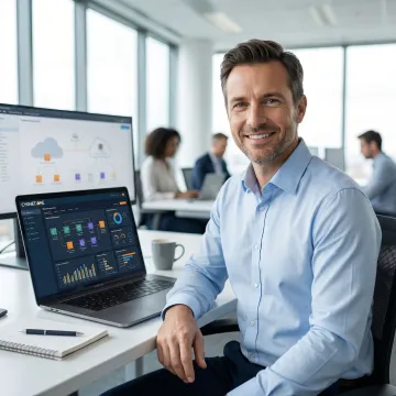 AWS SageMaker consultant reviewing ML model deployment dashboard on a laptop in a modern enterprise office