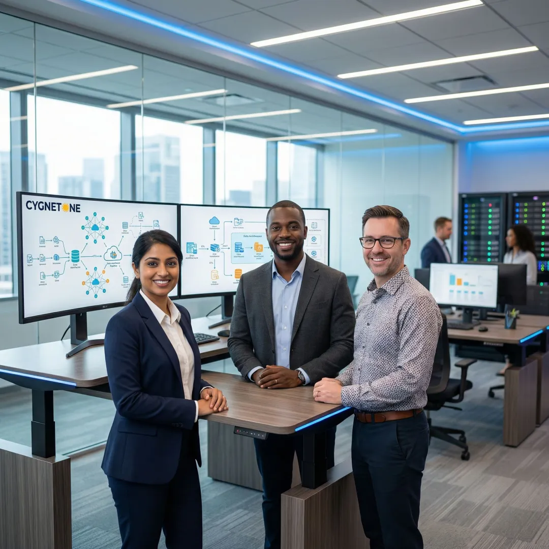 Cloud data warehouse engineering team reviewing architecture diagrams on large monitors in a modern tech office