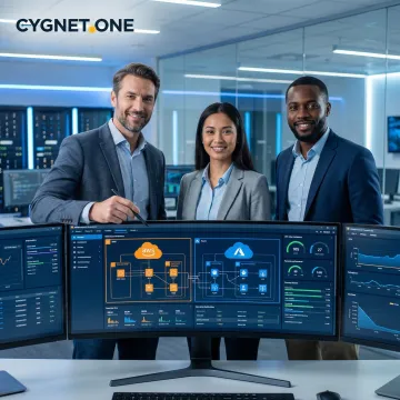 Cloud engineers reviewing multi-cloud architecture diagrams on AWS and Azure dashboards