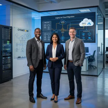 Enterprise consultants reviewing legacy system modernization roadmap on large digital displays
