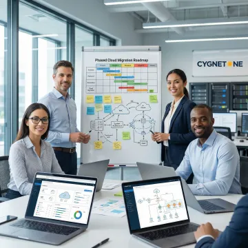 IT consultants executing a step-by-step legacy system migration to cloud infrastructure