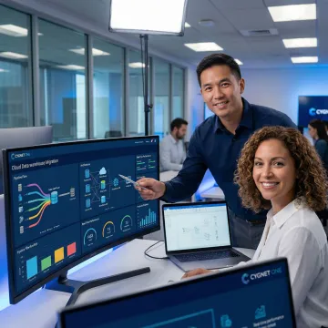 Data engineers modernizing a legacy data warehouse with cloud-native architecture on multiple screens